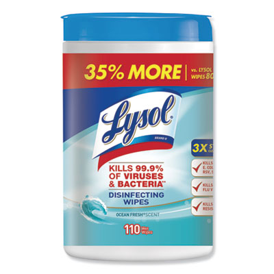 LYSOL® Brand Disinfecting Wipes, 7 x 7.25, Ocean Fresh, 110 Wipes/Canister, 6 Canisters/Carton